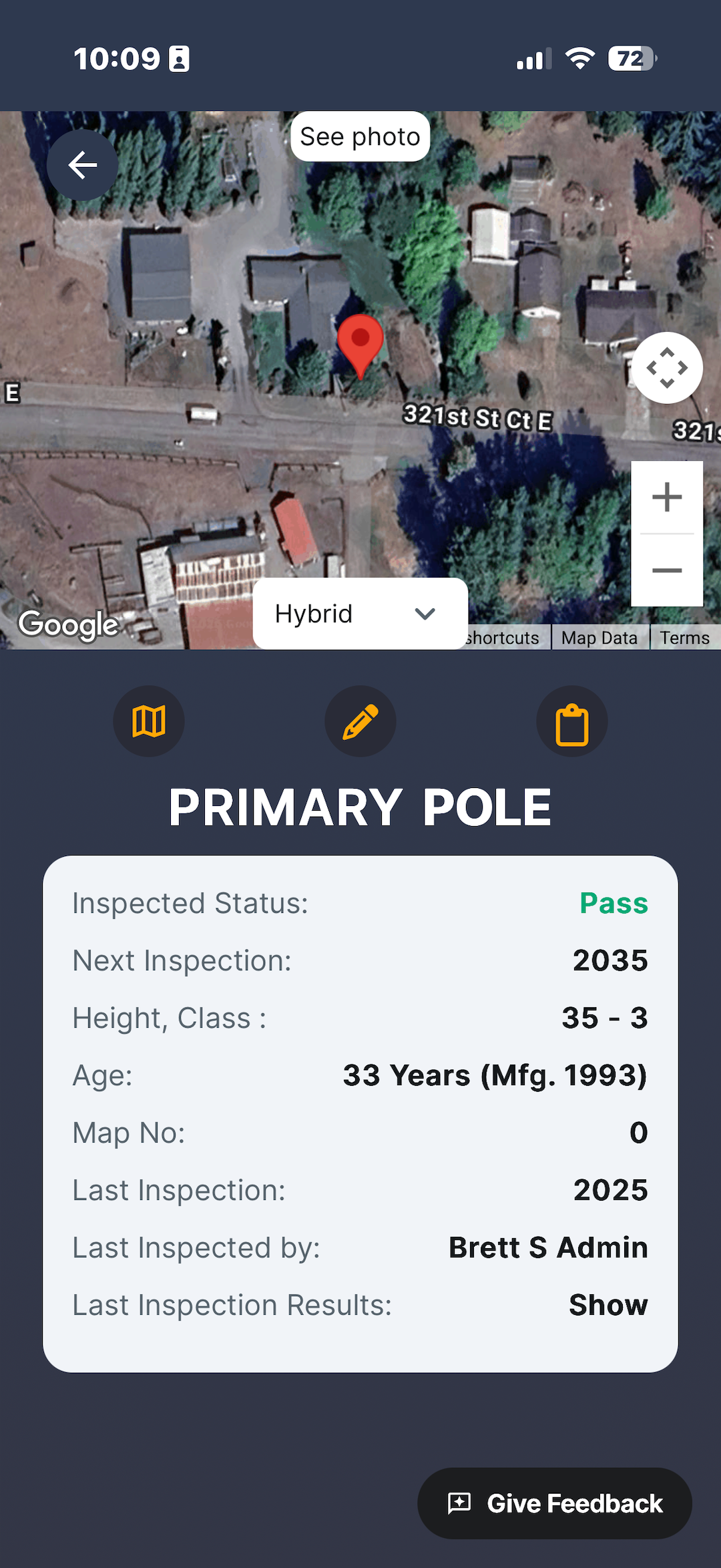 Speqtiv mobile app showing primary pole asset details including inspection status, height, class and age