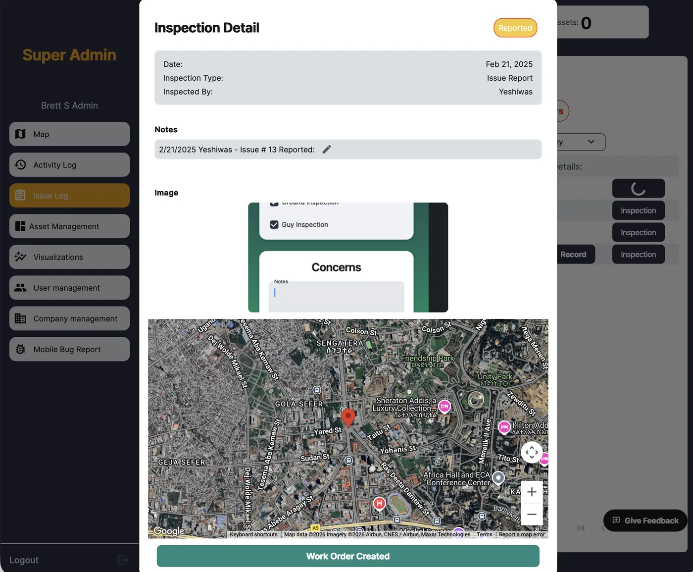Speqtiv desktop Inspection Detail view showing inspection type, date, notes, embedded photo, and GPS map for a completed audit record