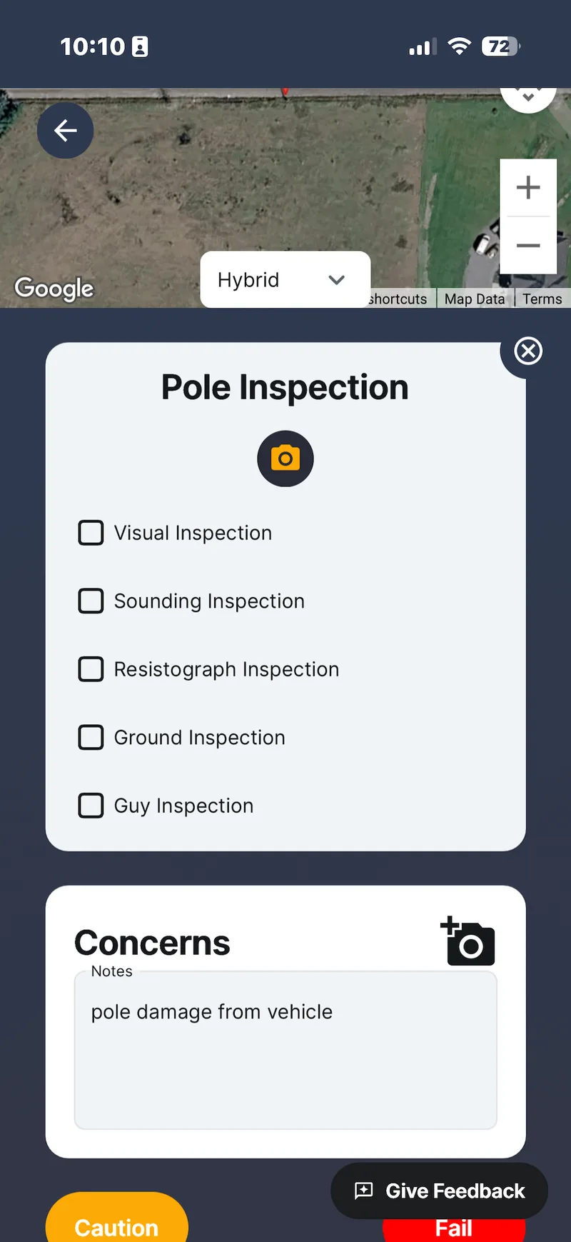 Speqtiv mobile pole inspection form showing Visual, Sounding, Resistograph, Ground, and Guy checklist with Pass/Caution/Fail buttons — works fully offline